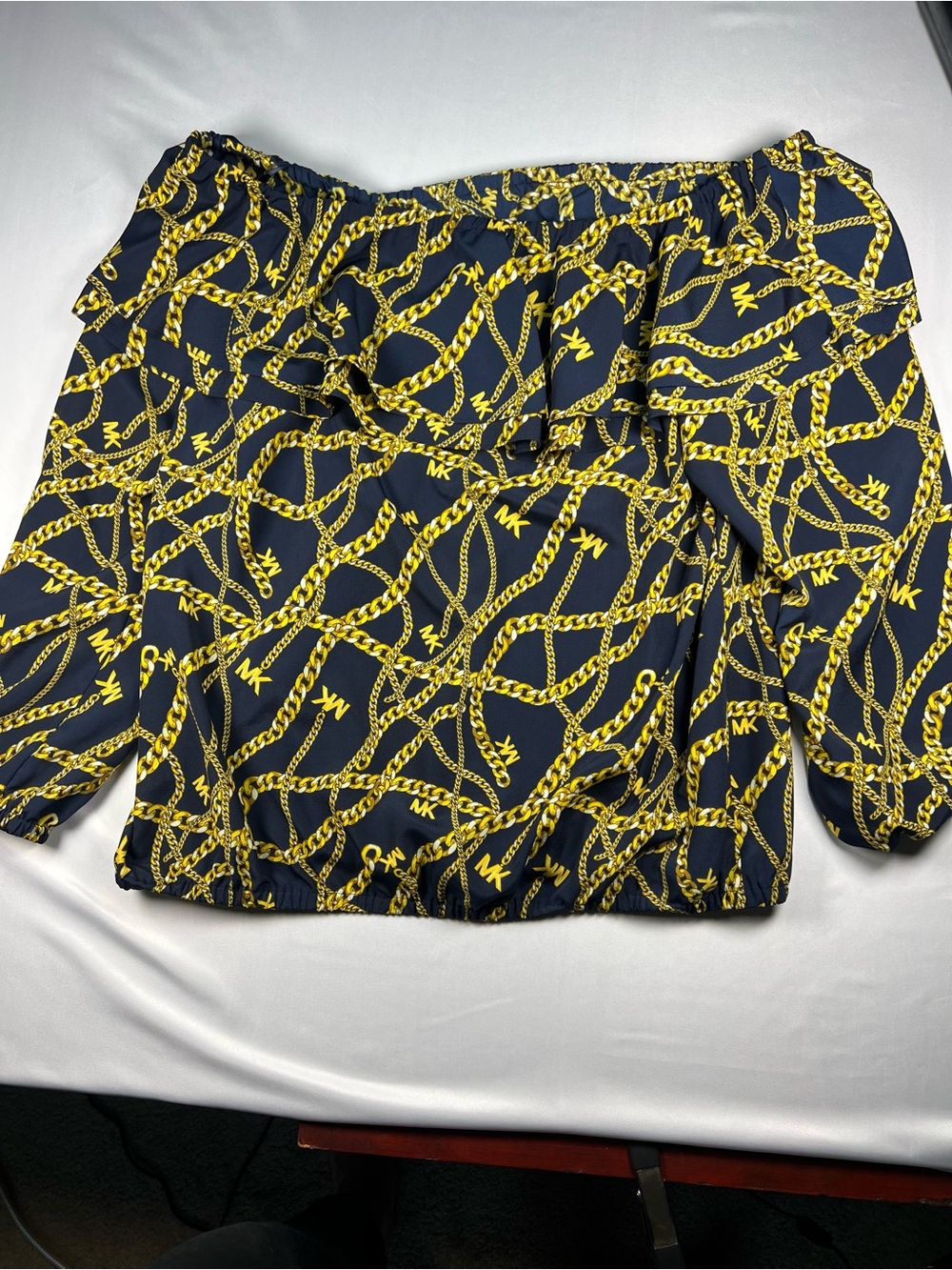 Michael Kors Navy and Gold Chain-Print Off-Shoulder Top